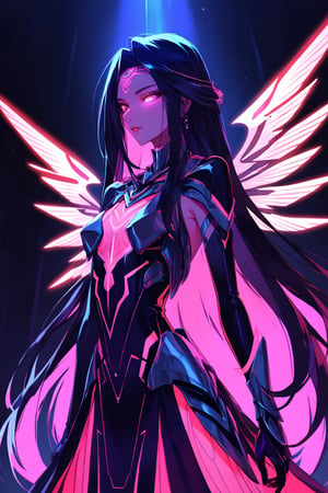 a alien seductress woman, with some aereal armor in her body, she have some nazca lines in all her body  all,glowing in a neon random color light, she have a tecnological wings in her back and long hair