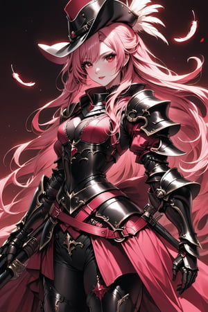 a medium shot, of a seductress girl, dressed as a musketeer, having a small hat with a feather, her armor color is black and the deails in her armor are red , she have long hair and the color is is pink and red .