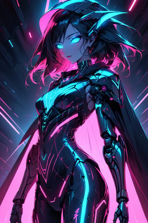 a alien seductress woman, with some mechanical armor in her body, she have some nazca lines in all her body, glowing in random color neon  light