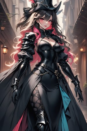 a medium shot, of a seductress girl, dressed as a musketeer, her dress color is black and the deails in her dress are random colors, her hair is randomly selected.