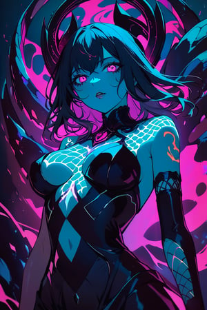 a medium shot, of a seductress siren, glowing with marks of dark energy that resembles tattos in her body, with a crazy face, and glowing neon scales around her body, she have corrupted armor pieces