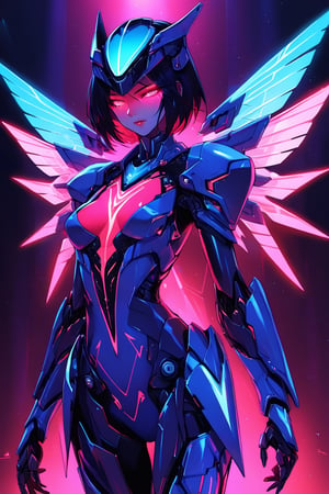 a alien seductress woman, with some mechanical armor in her body, she have some nazca lines in all her body  all,glowing in a neon random color light, she have a tecnological wings in her back