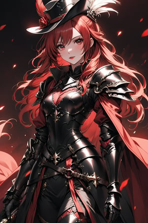 a medium shot, of a seductress girl, dressed as a musketeer, having a small hat with a feather, her armor color is black and the deails in her armor are red, her hair is short and the color is is red and black.