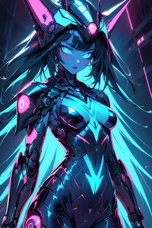 a alien seductress woman, with some mechanical armor in her body, she have some nazca lines in all her body that resemble animals all,glowing in random color neon  light