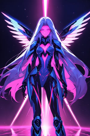 a alien seductress woman, with some mechanical aerodinamic armor in her body, she have some nazca lines in all her body  all,glowing in a neon random color light, she have a tecnological wings in her back and long hair