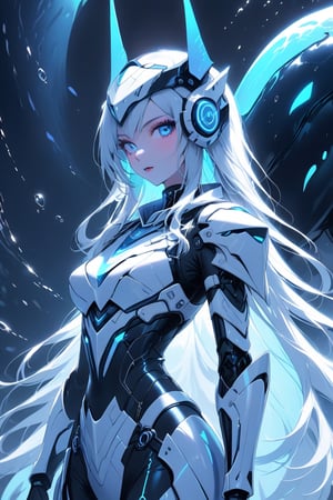 a medium shot of a seductres woman, with a white and blue tecnolocial armor, with neon colors,  her head gear resembles a killer whale.