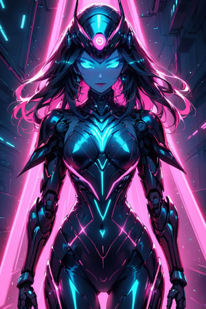 a alien seductress woman, with some mechanical armor in her body, she have some nazca lines in all her body, glowing in random color neon  light