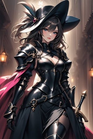 a medium shot, of a seductress girl, dressed as a musketeer, having a small hat with a feather, her armor color is black and the deails in her dress are random colors, her hair is randomly selected.