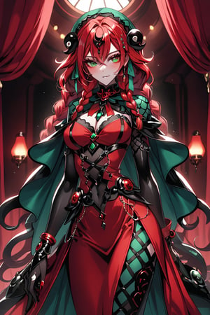 a octupus seductress woman, with a black and red dress, red hair with green braids, and cian eyes