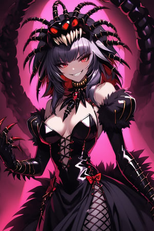 a medium shot, of a seductress scolopendra girl, with a maniac smile