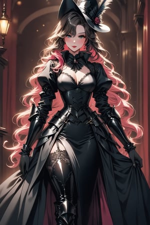 a medium shot, of a seductress girl, dressed as a musketeer, her dress color is black and the deails in her dress are random colors, her hair is randomly selected.