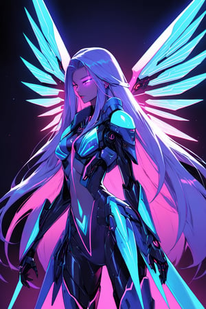 a alien seductress woman, with some mechanical aerodinamic armor in her body, she have some nazca lines in all her body  all,glowing in a neon random color light, she have a big tecnological wings in her back and long hair