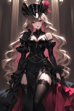 a medium shot, of a seductress girl, dressed as a musketeer, including a small pointy hat, her dress color is black and the deails in her dress are random colors, her hair is randomly selected.