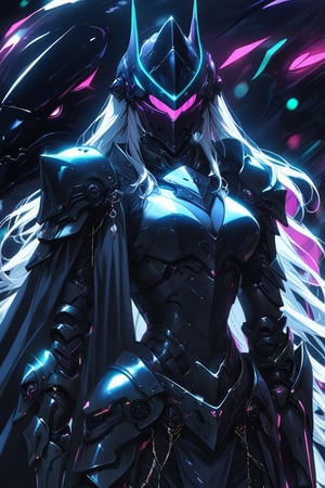 a medium shot of a seductres woman, with a tecnolocial armor, that have neon colors , and her helmet resembles an orca, 