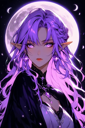 medium shot of an ethereal elf's face, illuminated by soft, purple lunar light. Dark, swirling magic coursing through her veins like a midnight river, contrasting her fiery locks which seem to embody both the radiant warmth of the moon and the purple glow of the moon. Her features are aglow with an otherworldly intensity.