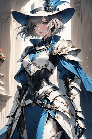 a medium shot, of a seductress girl, dressed as a musketeer, having a small hat with a feather, her armor color is white and the deails in her armor are blue, she have short hair and the color is is blue and grey.