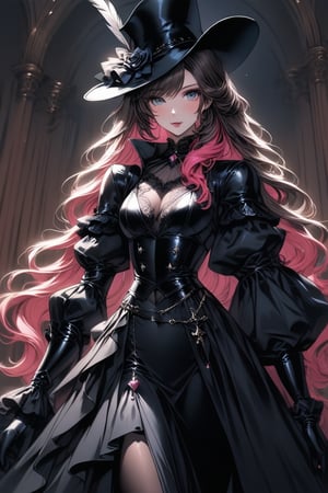 a medium shot, of a seductress girl, dressed as a musketeer, including a small hat, her dress color is black and the deails in her dress are random colors, her hair is randomly selected.