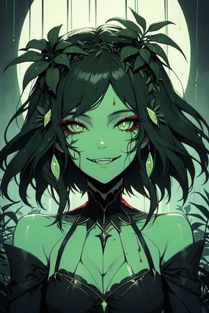 a medium shot, of a seductress raflesia plant woman, with a bloodthirsty face, and a tetric smile.