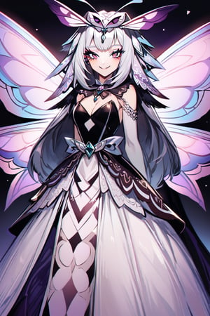 a clouse up shot of a seductress moth girl, her smile resembles some crazyness.