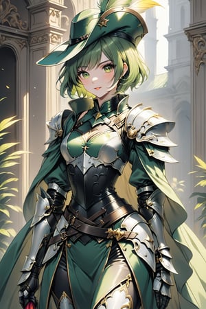 a medium shot, of a seductress girl, dressed as a musketeer, having a small hat with a feather, her armor color is grey and the deails in her armor are green , she have short hair and the color is is yellow and green.