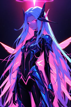 a alien seductress woman, with some aereal armor in her body, she have some nazca lines in all her body  all,glowing in a neon random color light, she have a tecnological wings in her back and long hair