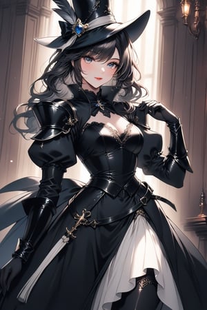 a medium shot, of a seductress girl, dressed as a musketeer, having a small hat with a feather, her dress color is black and the deails in her dress are random colors, her hair is randomly selected.