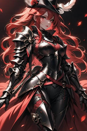 a medium shot, of a seductress girl, dressed as a musketeer, having a small hat with a feather, her armor color is black and the deails in her armor are red, her hair is short and the color is is red and black.