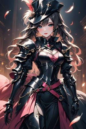 a medium shot, of a seductress girl, dressed as a musketeer, having a small hat with a feather, her armor color is black and the deails in her dress are random colors, her hair is short and the color is random.