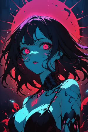 a medium shot, of a seductress siren, glowing with marks of dark energy that resembles tattos in her body, with a crazy face, and glowing neon scales around her body 