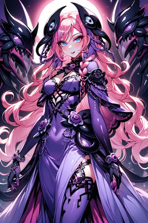 a octupus seductress woman, with a blue and purple dress, pink hair with purple braids, and blue eyes