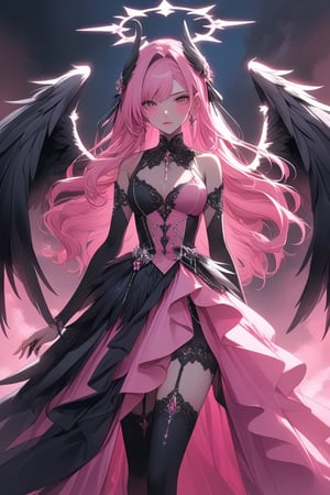 a medium shot of a seductres angel, with blue and black wings and a dual color halo, dressed in pink dress