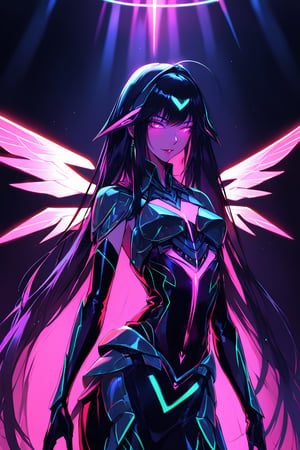 a alien seductress woman, with some aereal armor in her body, she have some nazca lines in all her body  all,glowing in a neon random color light, she have a tecnological wings in her back and long hair