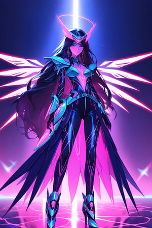 a alien seductress woman, with some aereal armor in her body, she have some nazca lines in all her body  all,glowing in a neon tellow color light, she have a tecnological wings in her waist and long hair