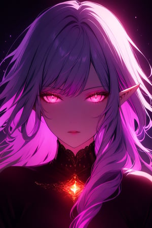 medium shot of an ethereal elf's face, illuminated by soft, purple red light. Dark, swirling magic coursing through her veins like a midnight river, contrasting her fiery locks which seem to embody both the radiant warmth of the moon and the blooded glow of the moon. Her features are aglow with an otherworldly intensity.