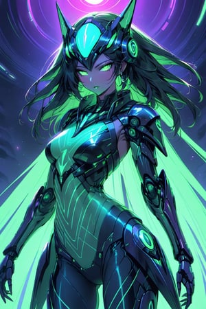 a alien seductress woman, with some mechanical armor in her body, she have some nazca lines in all her body that resemble animals all,glowing in a neon blue, green, purple light