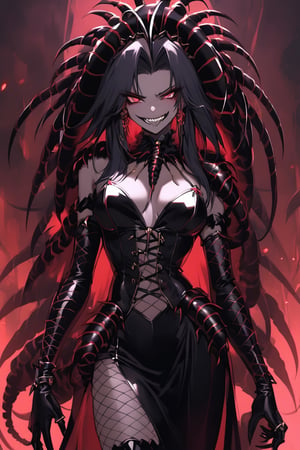 a medium shot, of a seductress scolopendra girl, with a cruel smile