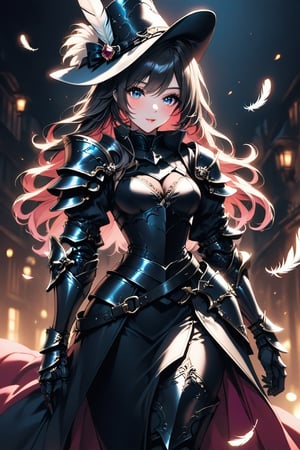 a medium shot, of a seductress girl, dressed as a musketeer, having a small hat with a feather, her armor color is black and the deails in her dress are random colors, her hair is short and the color is random.