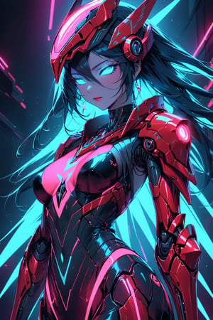 a alien seductress woman, with some mechanical armor in her body, she have some nazca lines in all her body, glowing in random color neon  light