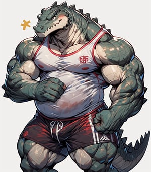 Big crocodile Bara anthropomorphic muscular Chubby shorts and white tank top ,nj5furry