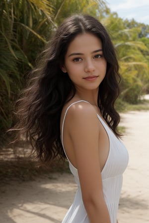 A professional photography of a beautiful young adult Spanish-Caucasian girl with ((really long curly black hair)), brown_eyes, and a petite body build with small breast size. She has a dewy olive skin tone and plump lips. She's wearing a white sundress in a sunny beach background. Masterpiece, highest-quality, cinematic, intricate details, natural lighting, facing_viewer, head_portrait, front view 