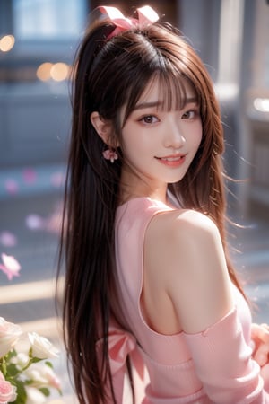 1girl, solo, long hair, looking at the viewer, smile, bangs, brown hair, ponytail, realistic, shoulders-long messy elegant hair. (masterpiece, best quality, CGI, official art:1.2),   shirt, long sleeves, jewelry, white shirt, upper body, flower, teeth, grin, blurry, from side, lips, see-through, depth of field, blurry background, rose, pink flower, realistic, pink rose  masterpiece, best quality, photorealistic, raw photo,  earrings, black eyes, lips, bow headband, lips, ribbon, realistic, parted lips, lips, ribbon, realistic, blurry background,Bomi