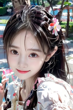 Very beautiful cute girl,
(very cute face:1.1),
(large eyes:1.1),
(clear-eyed:1.1),
small straight nose,
small mouth,
round face,
(v-line jaw:1),
Beautiful detailed eyes, 
Detailed double eyelids, 
(smiling:1.3)
,masterpiece, best quality