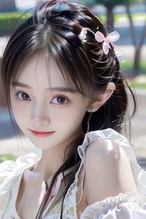 Very beautiful cute girl,
(very cute face:1.1),
(large eyes:1.1),
(clear-eyed:1.1),
small straight nose,
small mouth,
round face,
(v-line jaw:1),
Beautiful detailed eyes, 
Detailed double eyelids, 
((big smile))
,masterpiece, best quality