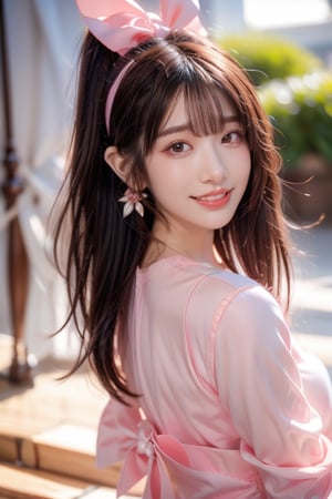 1girl, solo, long hair, looking at the viewer, smile, bangs, brown hair, ponytail, realistic, shoulders-long messy elegant hair. (masterpiece, best quality, CGI, official art:1.2),   shirt, long sleeves, jewelry, white shirt, upper body, flower, teeth, grin, blurry, from side, lips, see-through, depth of field, blurry background, rose, pink flower, realistic, pink rose  masterpiece, best quality, photorealistic, raw photo,  earrings, black eyes, lips, bow headband, lips, ribbon, realistic, parted lips, lips, ribbon, realistic, blurry background,Bomi