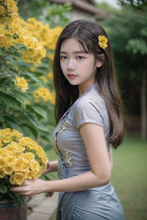 {{best quality}}, {{masterpiece}}, {{ultra-detailed}}, {illustration}, {detailed light}, {an extremely delicate and beautiful}, a girl,  messy floating hair, , side view of beautiful girl posing in winding,holding,yellow flowers pot, feminine , yellow flowers trees background, depth of field,acmm ss outfit,Myanmar,PrettyLadyxmcc