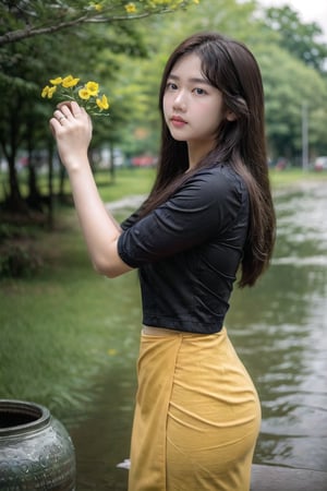 {{best quality}}, {{masterpiece}}, {{ultra-detailed}}, {illustration}, {detailed light}, {an extremely delicate and beautiful}, a girl,  messy floating hair, , side view of beautiful girl posing in rainning,holding,yellow flowers pot, feminine , yellow flowers trees background, depth of field,acmm ss outfit,Myanmar,PrettyLadyxmcc