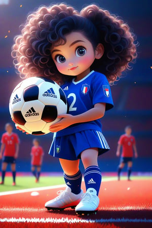 best quality, masterpiece, beautiful and aesthetic, vibrant color, Exquisite details and textures,  Warm tone, ultra realistic illustration, adidas socks (cute  france girl, 20year old:1.5), (france Soccer theme:1.4),	 cute eyes, small eyes,	(a curious look:1.2),	cinematic lighting, ambient lighting, sidelighting, cinematic shot,	siena natural ratio, children's body, anime style, 	head to toe,  black curly hairstyle, a cute france national uniform, with a soccer ball, 	Chibi, colorful perfect 3d ink splash forming perfect detailed extreme close up perfect realistic, ultra hd, realistic, vivid colors, highly detailed, UHD drawing, pen and ink, perfect composition, beautiful detailed intricate insanely detailed octane render trending on artstation, 8k artistic .