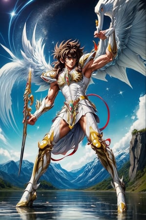 1man, solo, muscular, strong jaw, masculine looks, 18 years old,  brown hair, toned muscular body, Saint Seiya knight of the zodiak: Pegasus Seiya, white suit,  white armor, realistic, high quality, Masterpiece, High resolution, 8k, ultra detailed, reflection, sharp focus, symetrical, full body, white wings, angel wings, red underwear, aexy man, hot man,  (Photography + Abstract Expressionism + Realism) ,zzhyogacygnuszz in armor,Masterpiece,xxseiyapegasusxx