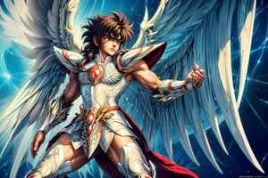 1man, solo, muscular, strong jaw, masculine looks, 18 years old,  brown hair, toned muscular body, Saint Seiya knight of the zodiak: Pegasus Seiya, white suit,  white armor, realistic, high quality, Masterpiece, High resolution, 8k, ultra detailed, reflection, sharp focus, symetrical, full body, white wings, angel wings, red pants,  (Photography + Abstract Expressionism + Realism) ,zzhyogacygnuszz in armor,Masterpiece,xxseiyapegasusxx