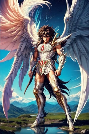 1man, solo, muscular, strong jaw, masculine looks, 18 years old,  brown hair, toned muscular body, Saint Seiya knight of the zodiak: Pegasus Seiya, white suit,  white armor, realistic, high quality, Masterpiece, High resolution, 8k, ultra detailed, reflection, sharp focus, symetrical, full body, white wings, angel wings, (Photography + Abstract Expressionism + Realism) ,zzhyogacygnuszz in armor,Masterpiece,xxseiyapegasusxx
